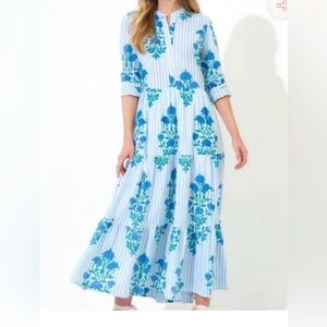 Oliphant Striped Blue and White Floral Long Sleeve Dress